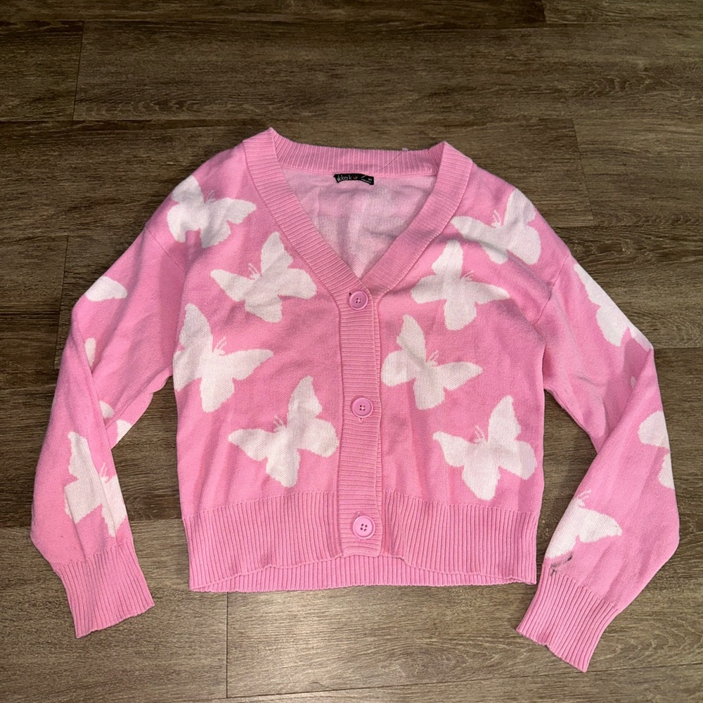 Nikka K Pink Butterfly Cardigan Sweater Y2K Cropped